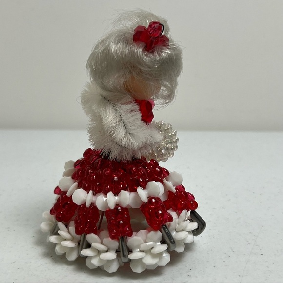 VTG Doll Safety Pin Beaded Red White Dress Hat Girl Lady MCM - Picture 3 of 10